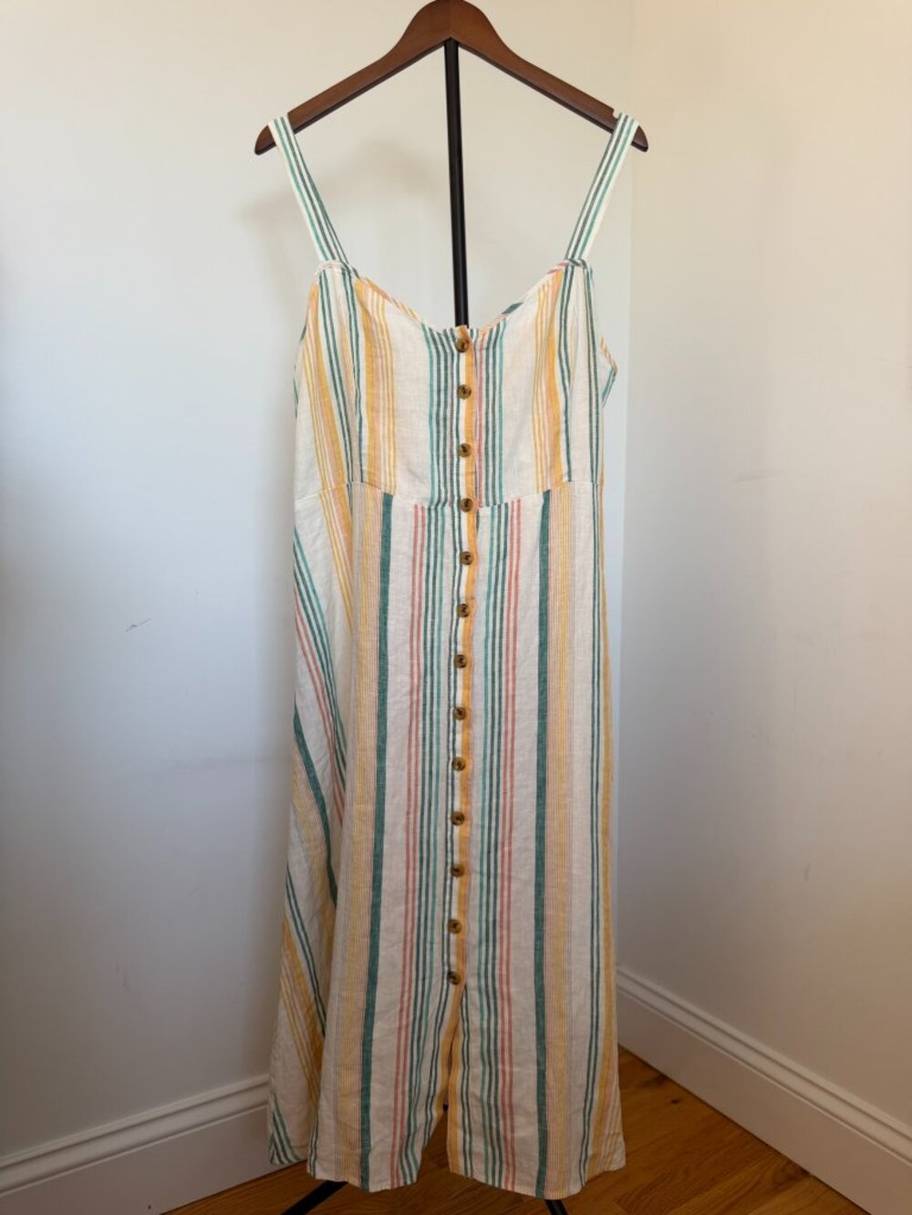 NWT MADEWELL LINEN FITTED-BODICE MIDI DRESS IN PINEAPPLE STRIPE (SIZE 14)